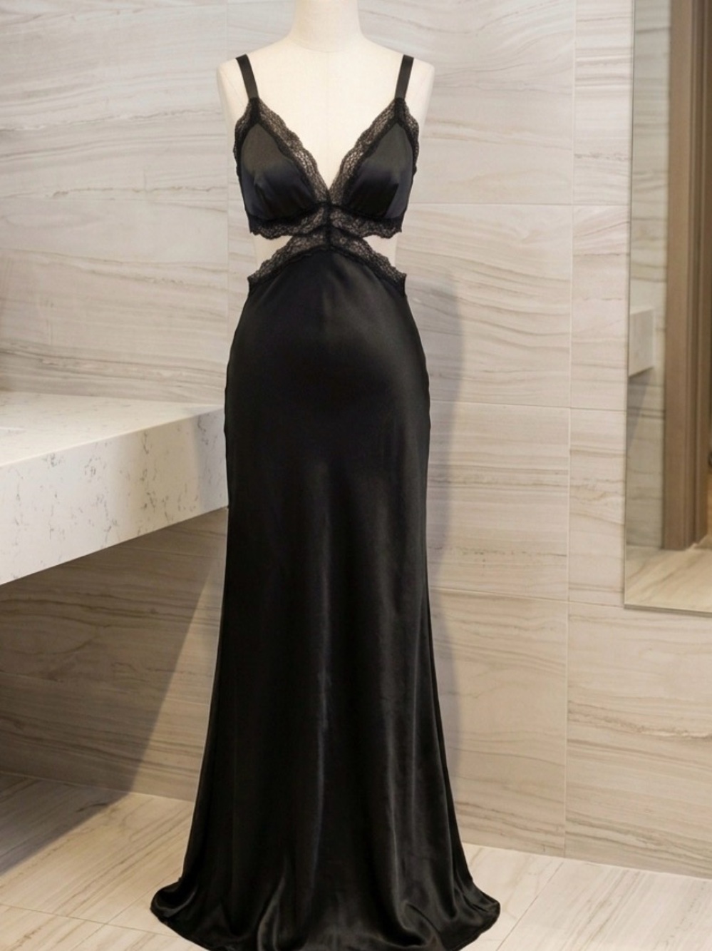 Mango Black Satin Lace Cutout Slip Dress
